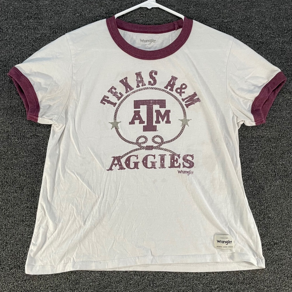 Wrangler Texas A&M Aggies T-Shirt Women Large White Maroon VTG Ringer Graphic